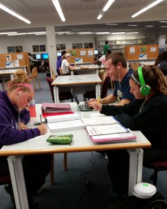 Freshman Sam Kessler, Ashton King, and Katie McGlacken study their various subjects in study tables.